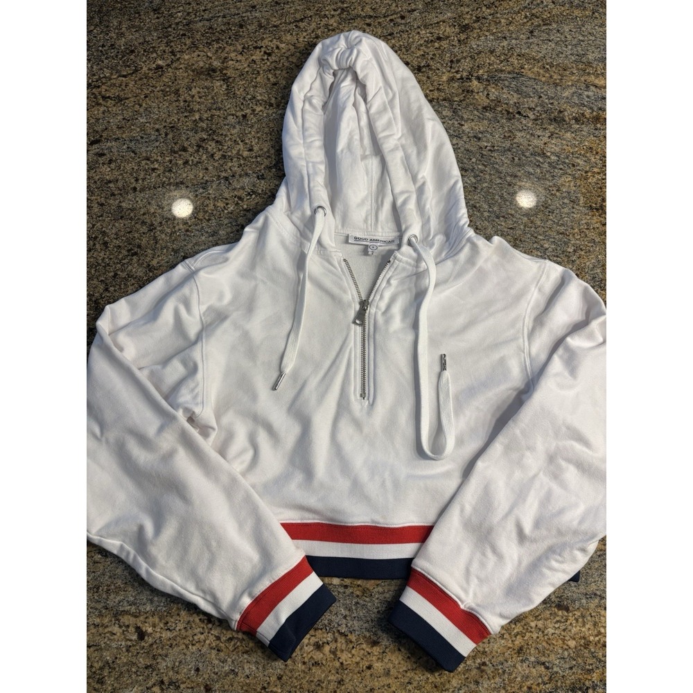 Good American Cropped Hoodie Size 0‎ White w/ Red Blue Stripes - 4th Of July